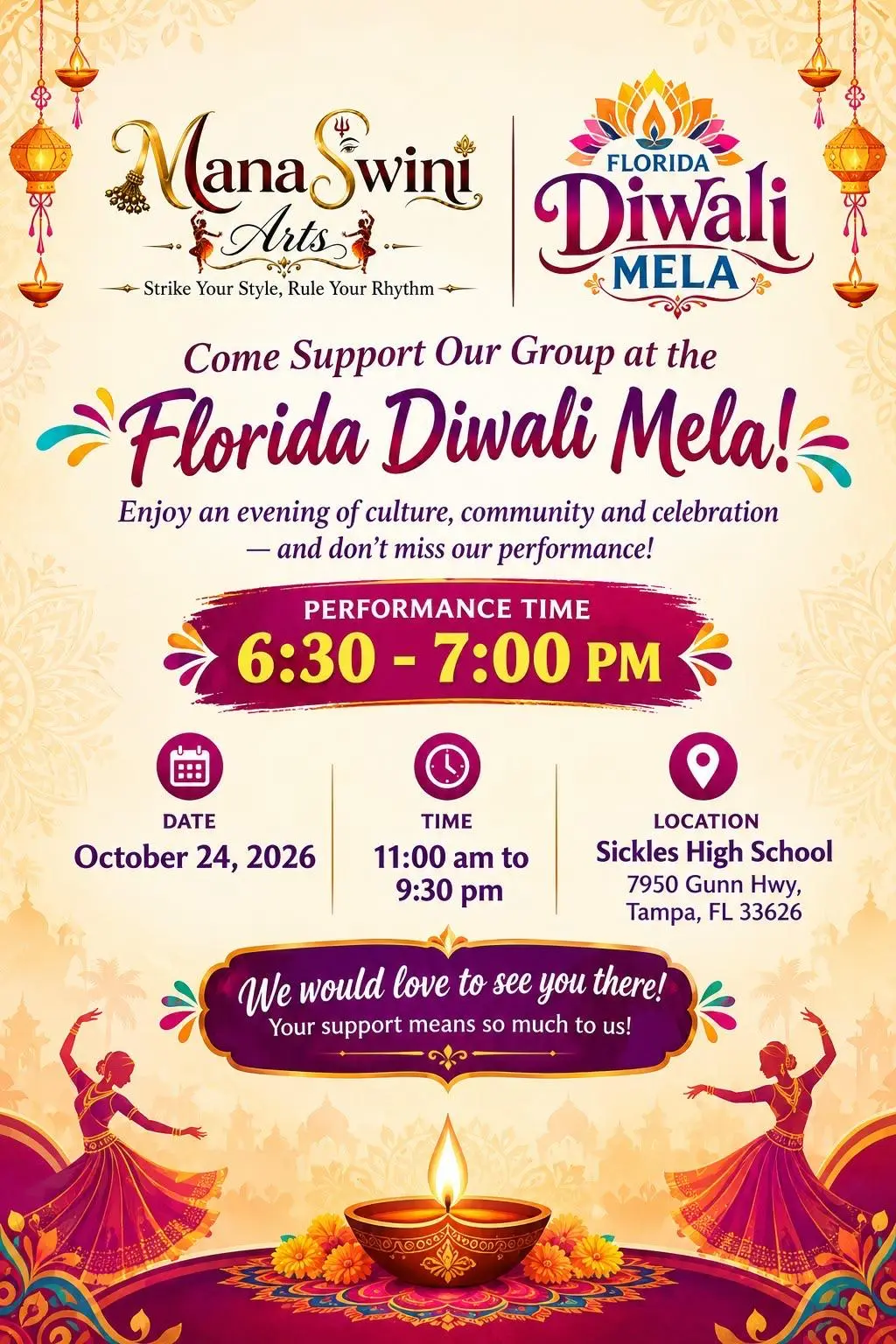 Flyer for the Florida Diwali Mela on October 24, 2026 at Sickles High School, Tampa. Manaswini Arts performs from 6:30 to 7:00 PM.