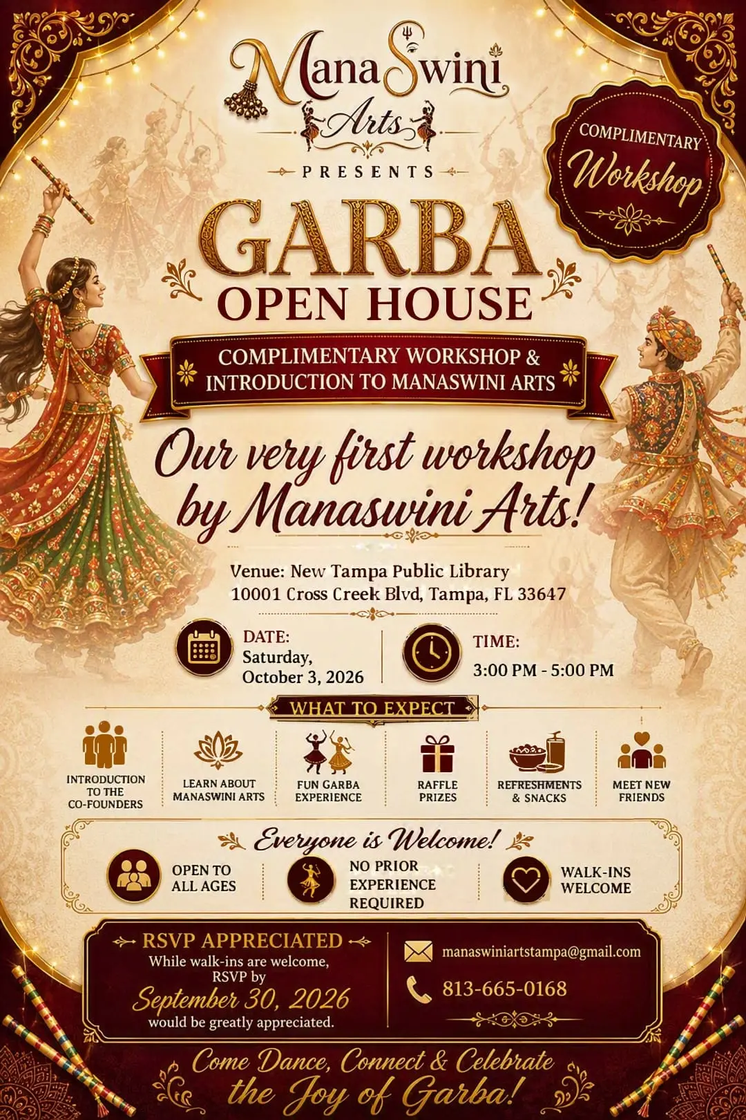 Flyer for the Manaswini Arts Garba Open House, a complimentary workshop on Saturday, October 3, 2026 from 3:00 to 5:00 PM at the New Tampa Public Library, Tampa, FL.